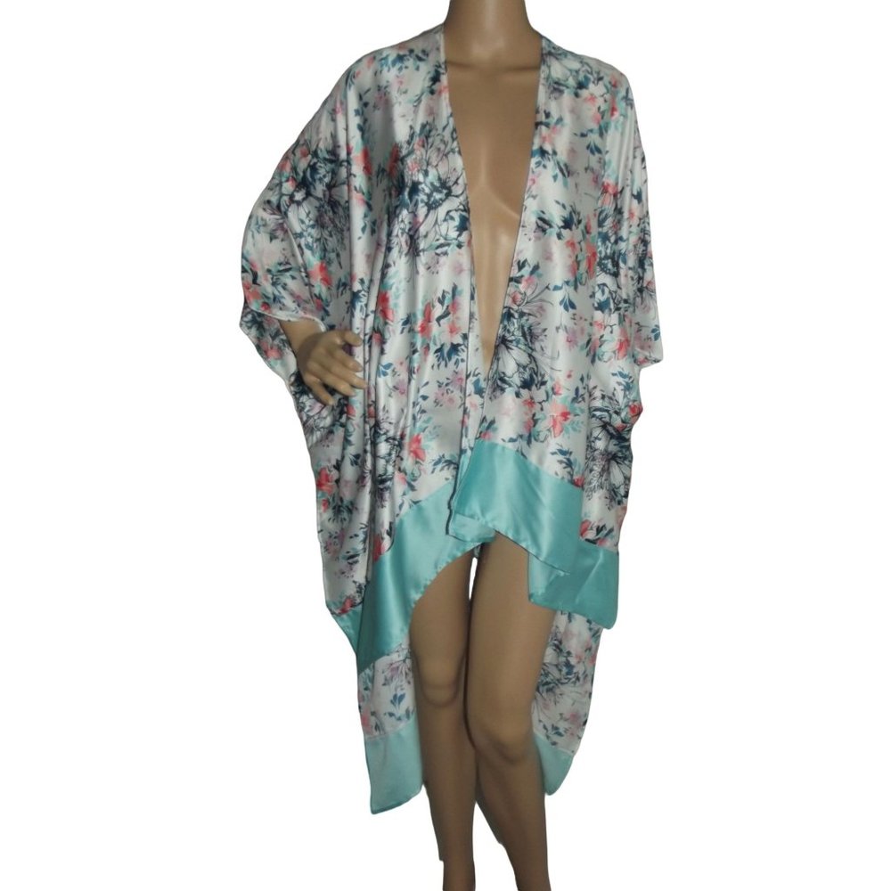 Icing One-Size Long Turquoise Blue Teal & Coral Floral Kimono cardigan coverup t